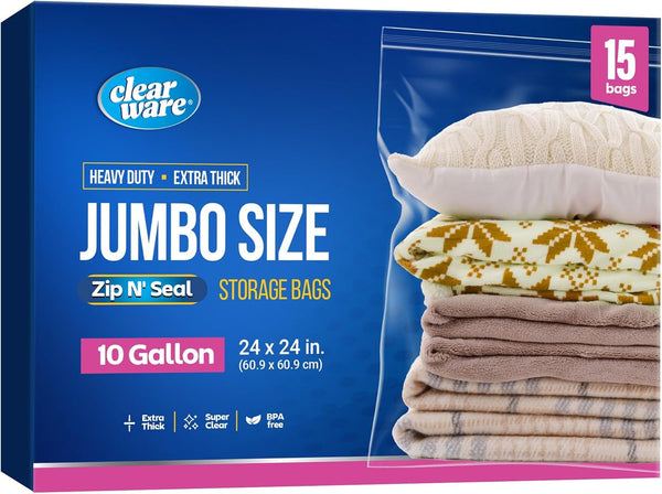 15 Count - Large Storage Bags with Zipper Top, 10 Gallon Size 24" X 24", Extra Large Plastic, for Clothes, Travel, Moving, Bpa-Free, Heavy Duty 3-Mil Thick