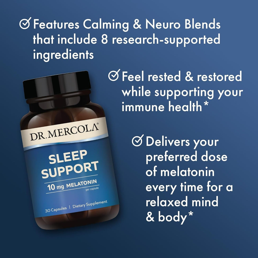 Dr. Mercola Sleep Support with Melatonin, 10 Mg Melatonin per Serving, 30 Servings (30 Capsules), Dietary Supplement, Supports Healthy Sleep and Mental Focus, Non-Gmo