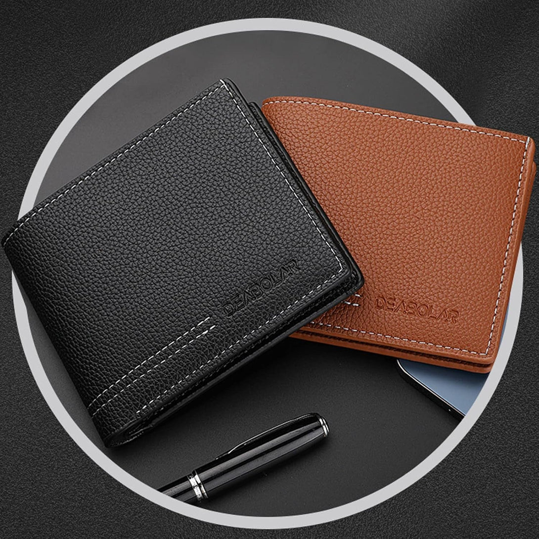 Men Wallet Black PU Material 4 Card Holder 2 Money Pockets 1 Clear Window Suitable for Gifts without RFID Slim Small for Traveling