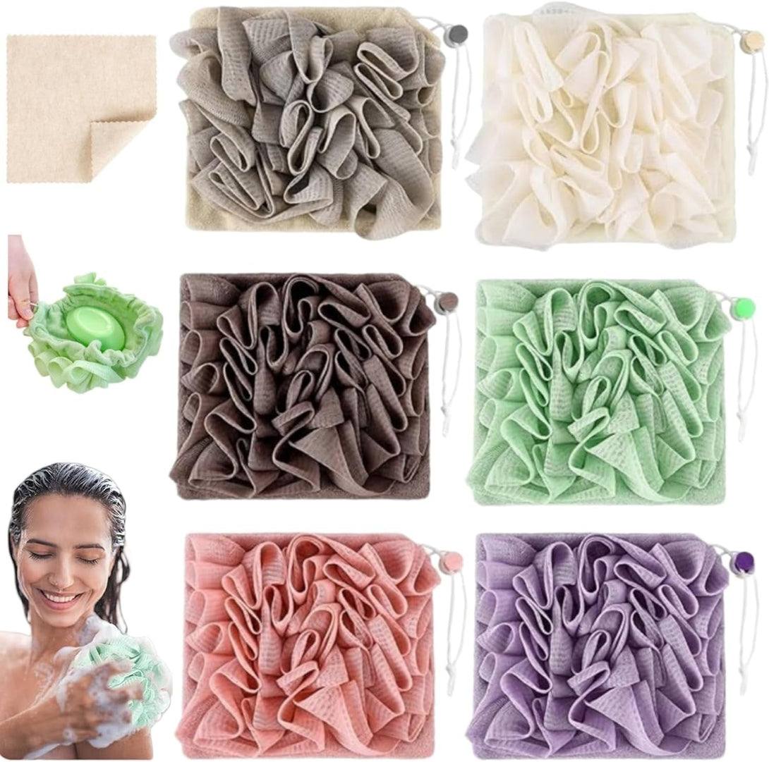 Washcloth Loofah Combo 2-In-1 Loufee Washcloth That Holds Bar Soap-Exfoliation Mesh Shower Ball for Body Wash & Smooth Skin+Free Loofah Dish Towel (Six Colors One Each)