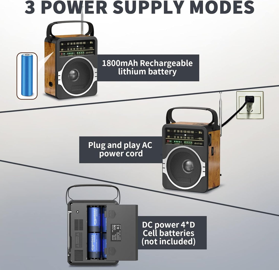 Portable AM FM Radio, Bluetooth 5.0 Radios 5 Watts Loud Speaker,Fm Radio Built-In Rechargeable Battery/Dc D*4 Cell Battery Operated & AC Power Plug in Wall Retro