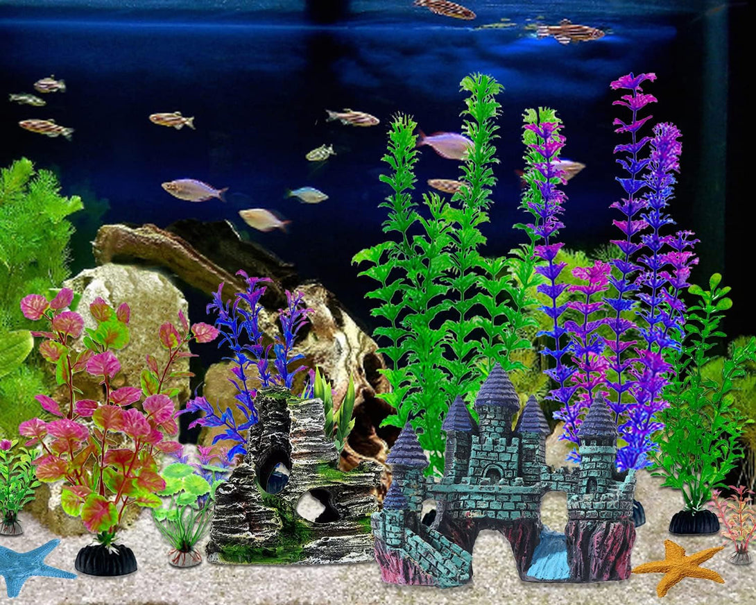13 Pieces Aquarium Decorations Kit, Fish Tank Decorations Set Small Resin Castle and Rockery Betta Fish Cave Hideout Coral Artificial Plastic Plants Ornament Accessories