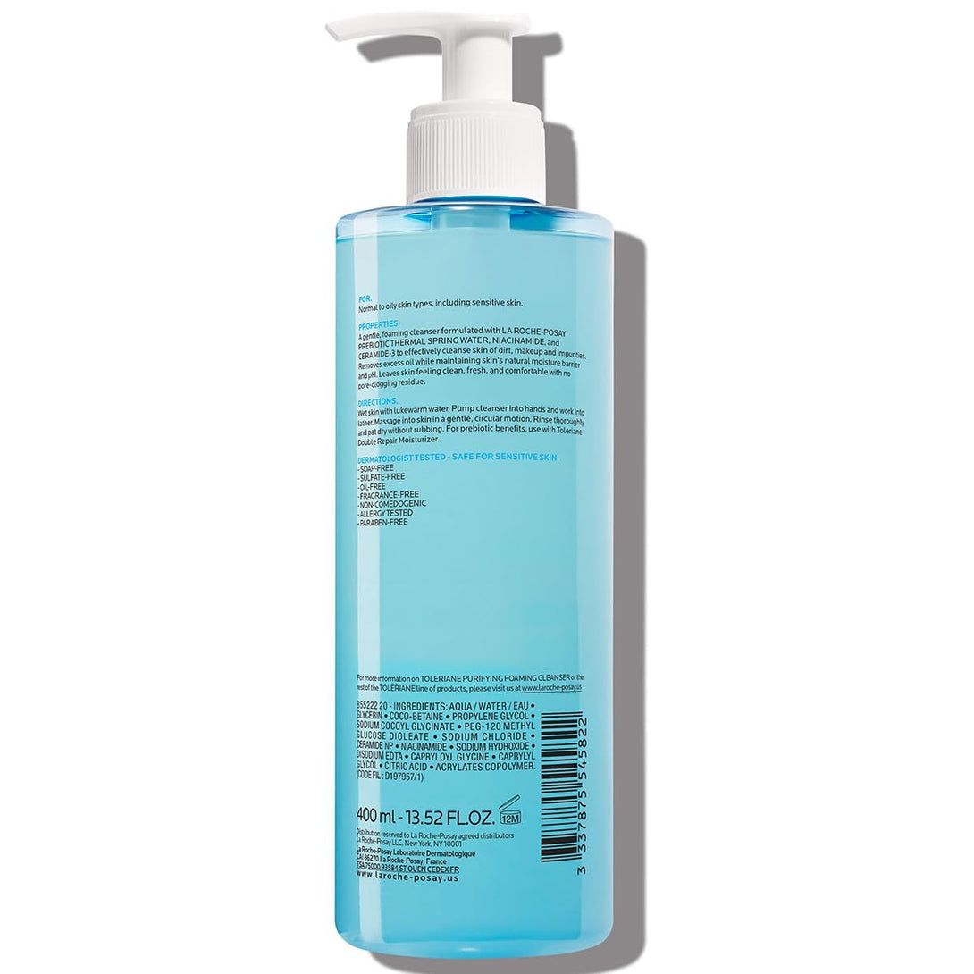 La Roche-Posay Toleriane Purifying Foaming Facial Cleanser, Niacinamide + Ceramides + Prebiotic Thermal Water, Oil Free Face Wash for Oily Skin, Pore Cleanser Safe for Sensitive Skin, Soap Free
