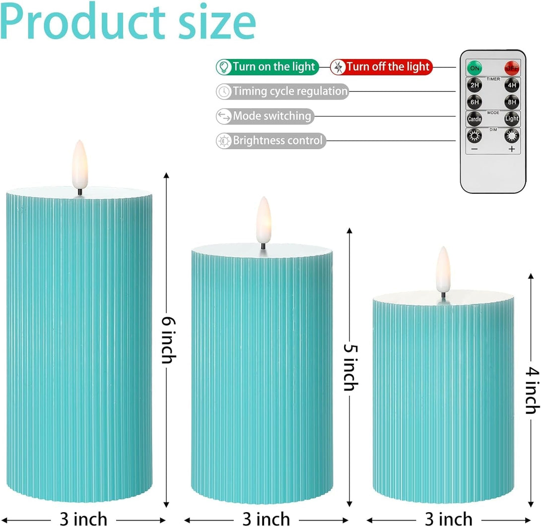 ANGELLOONG Teal Flameless Candles with Remote, Battery Operated LED Candles with Timer, Set of 3, Real Wax Fake Pillar Candles for Bathroom Living Room Summer Wedding Deocr