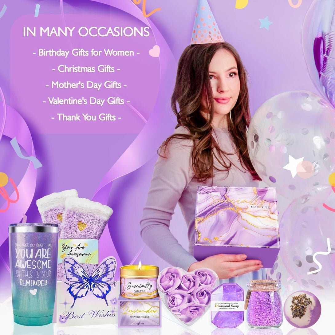 Gifts for Women, Birthday Gifts for Women, Happy Birthday Gifts Basket for Women,Lavender Relaxing Spa Gifts Basket for Best Friends Female Women Sister Mom Wife Her Girlfriend Coworker