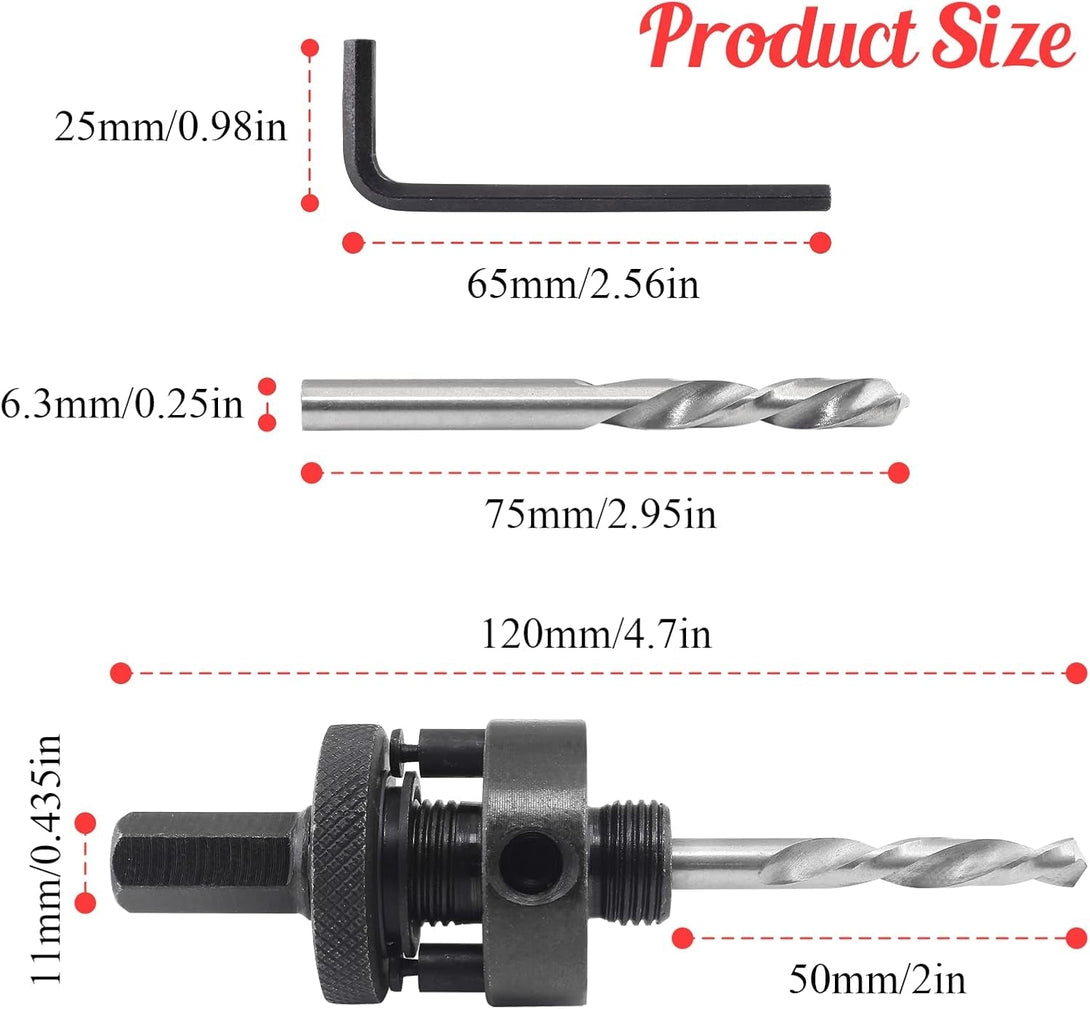 7/16" Shank Hole Saw Arbor, Fits 1-1/2" to 10" Hole Saws, Heavy Duty Quick Change Mandrel with 3 Bonus Replacement Pilot Drill Bits