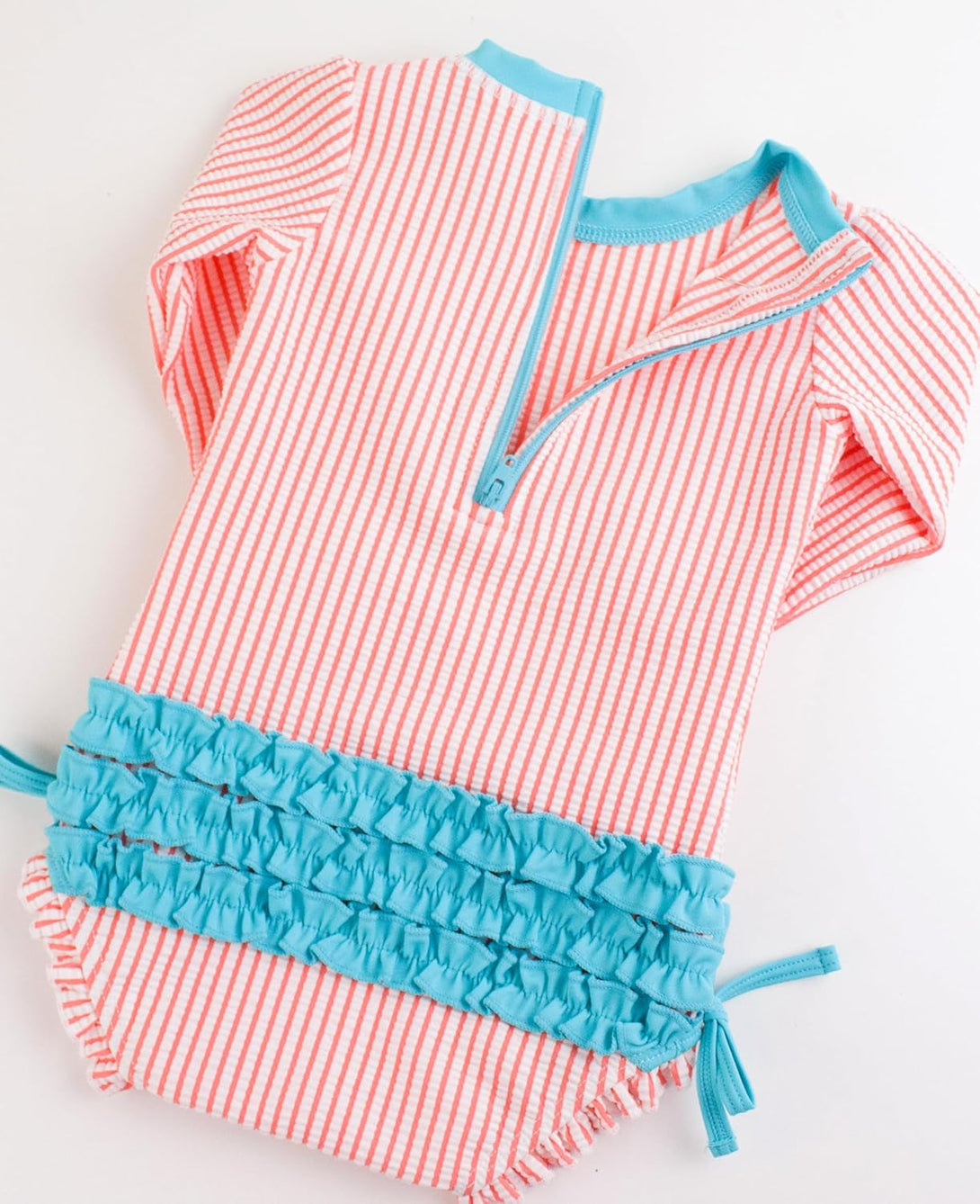 Rufflebutts Baby/Toddler Girls Seersucker Long Sleeve One Piece Rash Guard Swimsuit with UPF 50+ Sun Protection