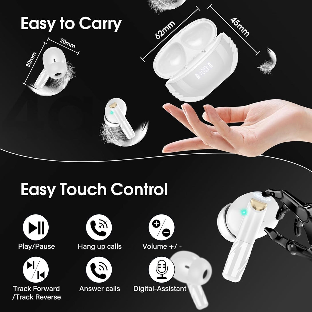 Wireless Earbuds Bluetooth 5.4 in Ear Light-Weight Headphones Built-In MIC, 48H Playback Hifi Stereo Bass Earphones, IPX7 Waterproof Ear Buds with Digital Display Charging Case, Touch Control, White