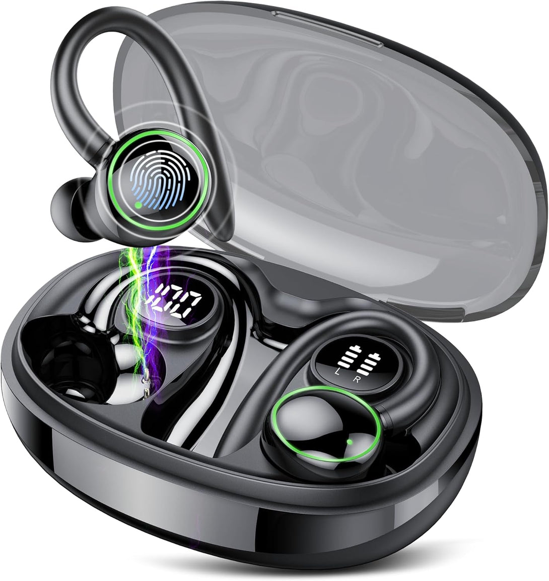 Wireless Earbuds, Bluetooth 5.3 Headphones Sport, over Ear Buds with ENC Noise Cancelling Mic, 48H, Wireless Earphone with Earhooks, Stereo Deep Bass, IP7 Waterproof Headset for Workout Running, Black