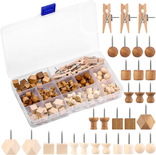 114 Pcs Decorative Wooden Head Pins in 2 Colors and 7 Types - Thumb Tacks for Bulletin Boards and Crafts, with Storage Box