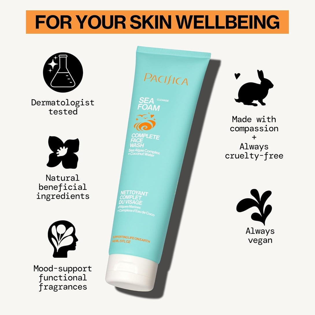Pacifica Beauty Sea Foam Face Cleanser, Daily Gentle Foaming Face Wash, with Coconut Water + Sea Algae Complex, Removes Makeup, for Combination and Oily Skin, Vegan and Cruelty Free, Clean Skin Care