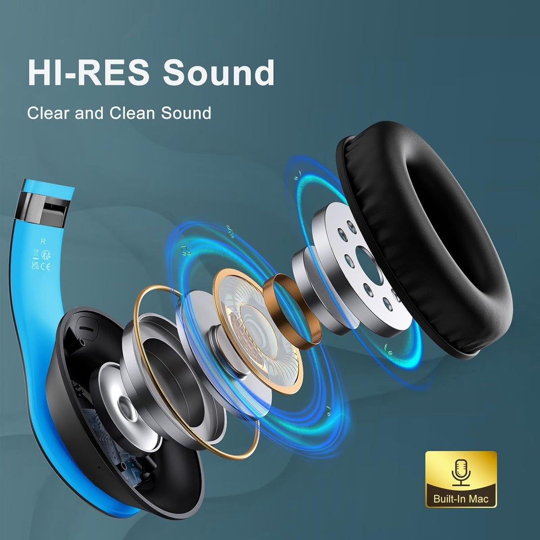 Wireless Bluetooth Headphones over Ear, 65H Playtime Hifi Stereo Headset with Microphone and 6EQ Modes Foldable V5.3 Bluetooth Wireless Headphones for Travel Computer Laptop