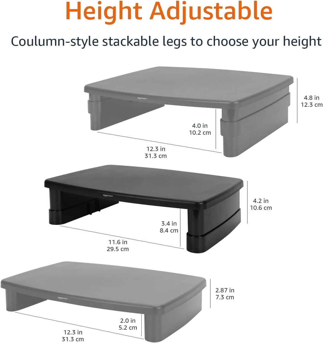 Amazon Basics Height Adjustable Rectangular Computer Monitor Riser Desk Stand with Storage for Reduced Neck Strain - Fits Monitors, Laptops up to 22Lbs, Black