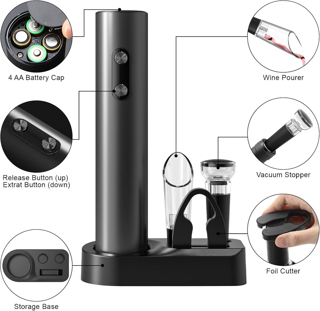 COKUNST Electric Wine Opener Set, Battery Operated Automatic Corkscrews Wine Bottles Opener with Foil Cutter, Wine Pourer, Vacuum Stopper, Reusable Wine Remover for Wine Lover Gift Home Kitchen Party