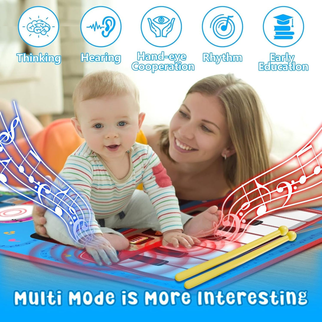 2-In-1 Musical Mat Toys for 1 2 3 4 5 Year Old, Piano Keyboard & Drum Set with 2 Drum Sticks, Early Educational Musical Learning Toys Birthday for 1 2 3 4 5 Year Old Boys & Girls, Blue