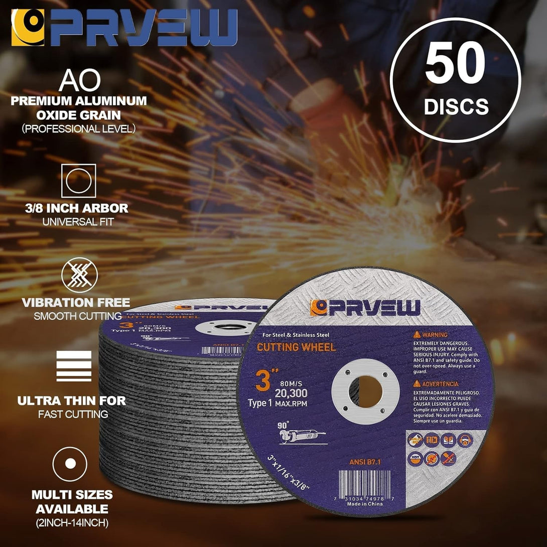 50-Pack Die Grinder Cut off Wheel 3 Inch, 3" X1/16 X3/8" Quality Cutting Wheel Cutting Disc for Metal&Stainless Steel