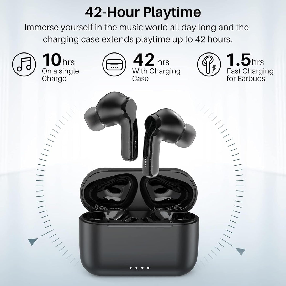 TOZO NC2 Hybrid Active Noise Cancelling Wireless Earbuds, In-Ear Detection Headphones, IPX6 Waterproof Bluetooth 5.3 Stereo Earphones, Immersive Sound Premium Deep Bass Headset Matte Black