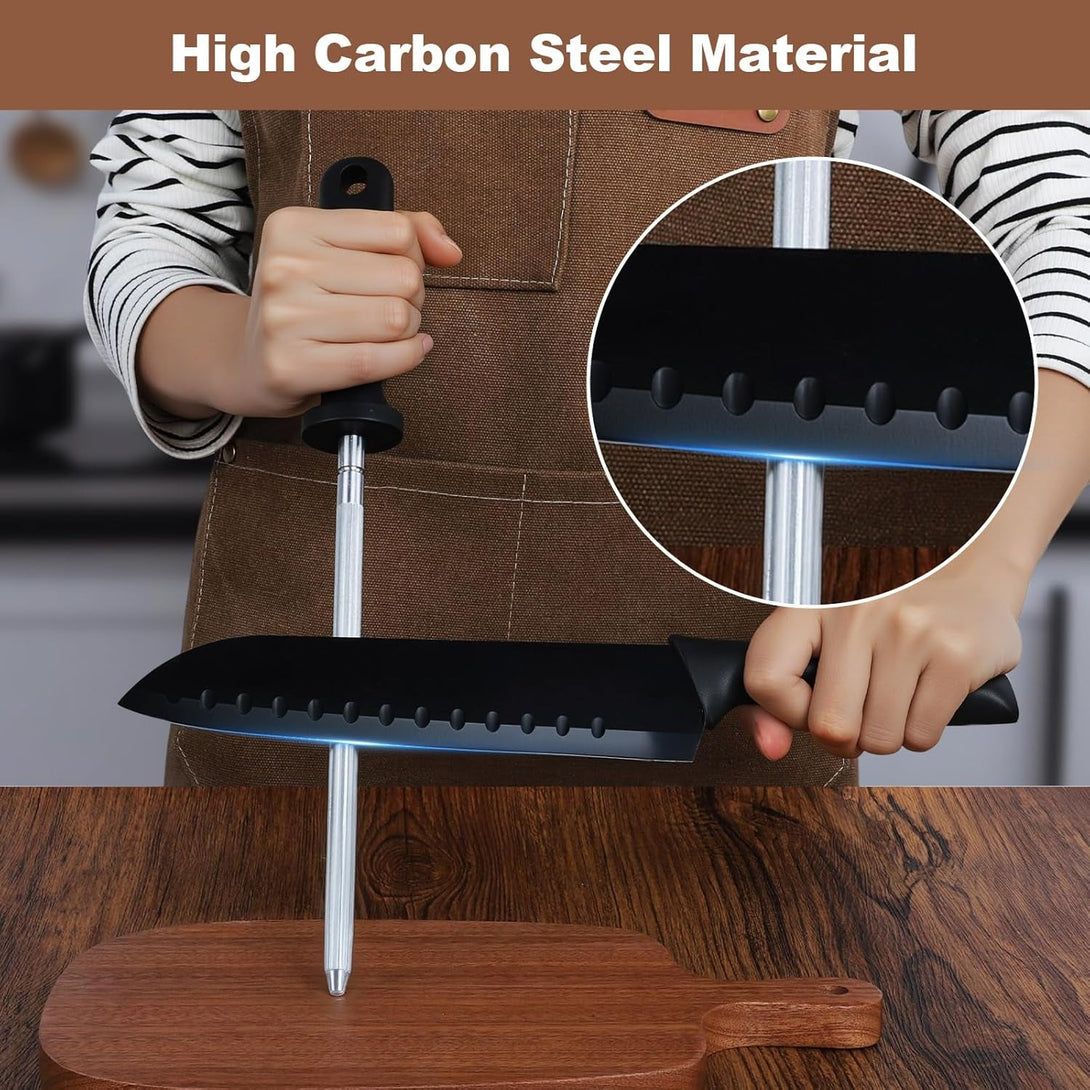 12 Inches Knife Sharpening Steel Rod, High Carbon Steel Honing Rod with 9 Inches Sharpening Steel and Ergonomic PP Handle, Premium Kitchen Knife Sharpener for Chefs and Home Cooks Use