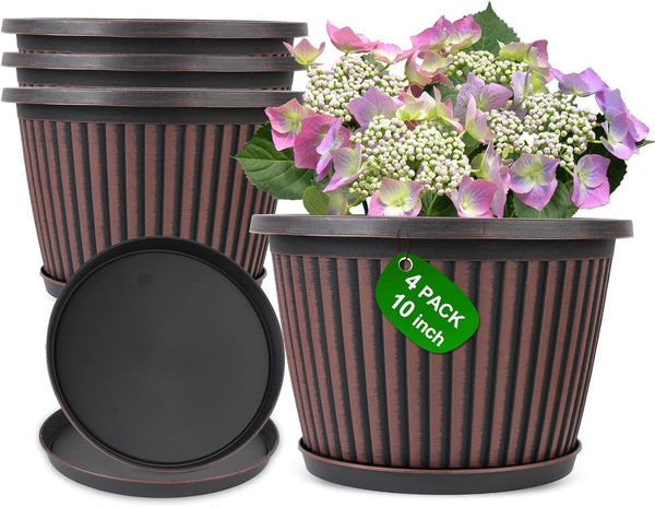 10 Inch Planter-Pots-For-Plants-Indoor-Outdoor, 4 Pack Plastic Flower Pots with Saucer & Drainage Holes, Modern Decorative Resin Garden Pots