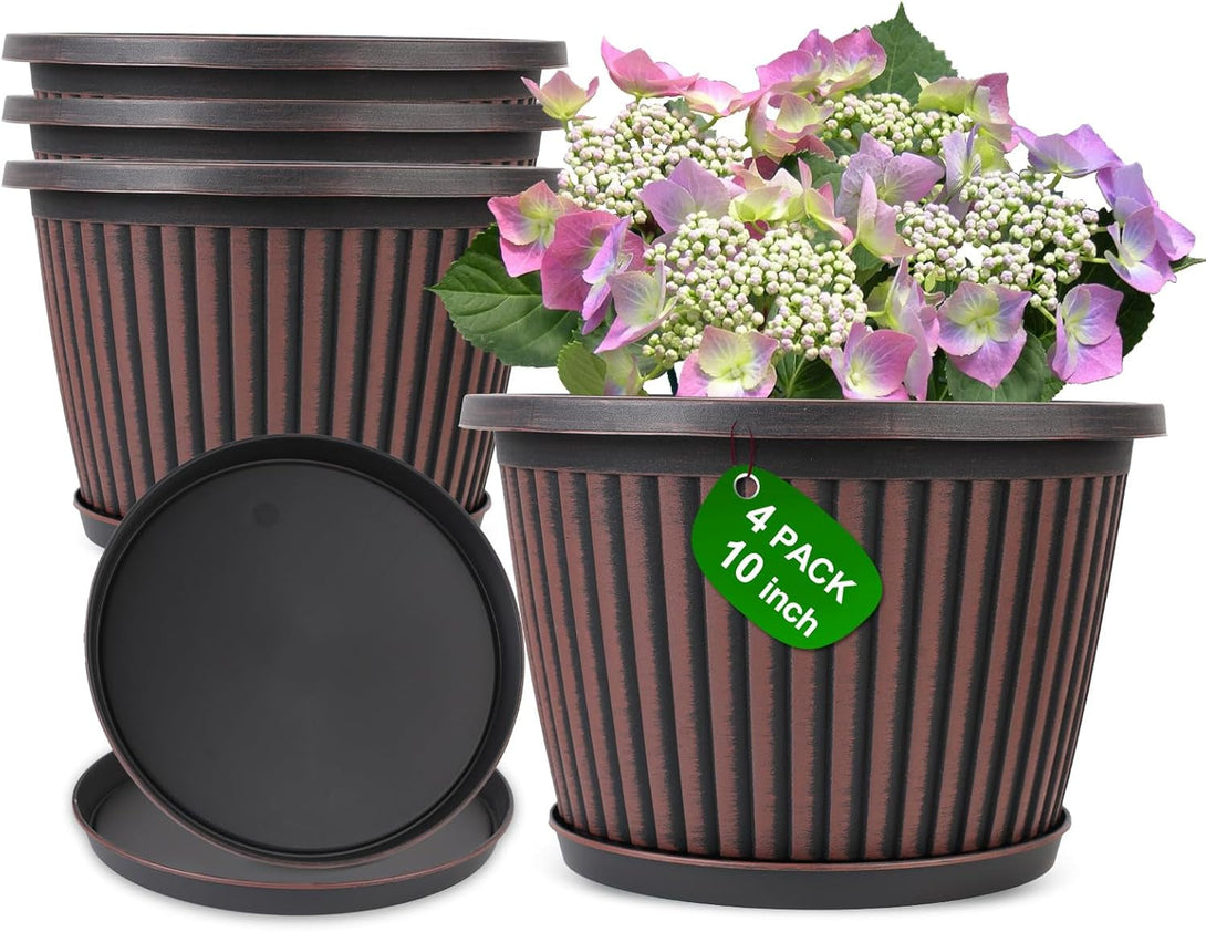 10 Inch Planter-Pots-For-Plants-Indoor-Outdoor, 4 Pack Plastic Flower Pots with Saucer & Drainage Holes, Modern Decorative Resin Garden Pots