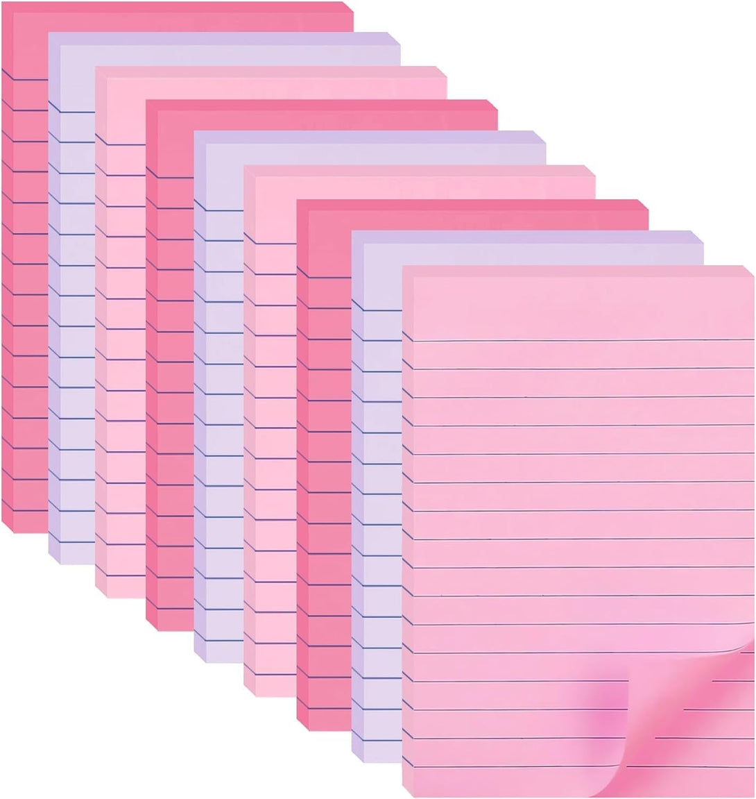 9 Pack Lined Sticky Notes 4X6 in Post Sticky Notes with Lines, Large Ruled Post Sticky Colorful Super Sticking Power Memo Pads Strong Adhesive (Pink Themed)
