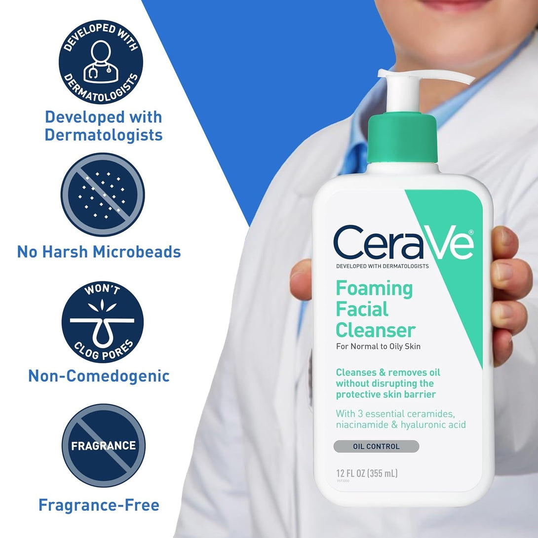 Cerave Foaming Facial Cleanser, Daily Face Wash for Oily Skin, Hyaluronic Acid + Ceramides + Niacinamide, Fragrance Free & Paraben Free, Non-Drying Oil Control Face Wash, 19 Fluid Ounce