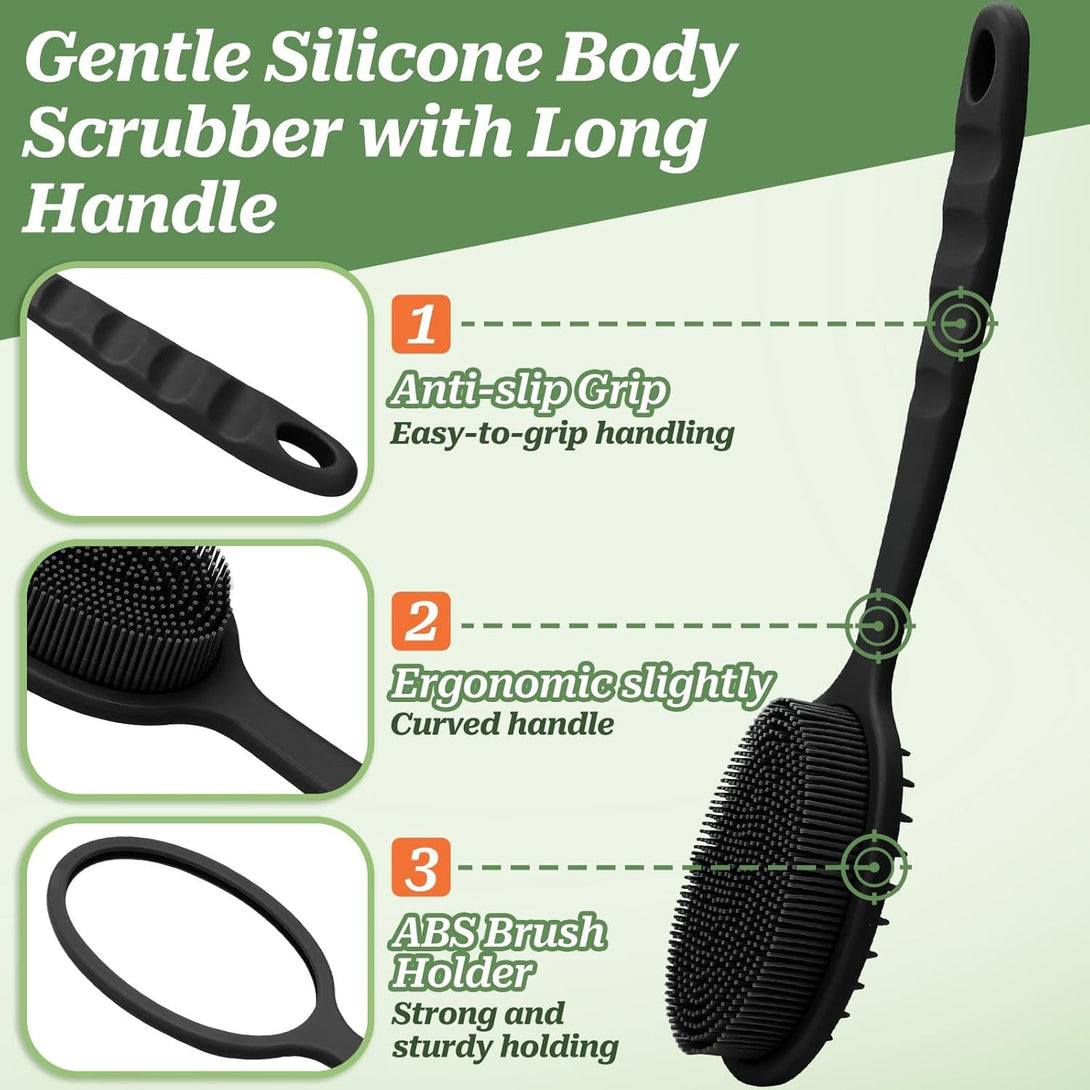 Silicone Back Scrubber, Soft Silicone Loofah with Handle, Gentle Exfoliating Back Scrubber, Back Brush Bath Brush with Two Dual-Side & Detachable Brush Heads(Black-Two Heads)