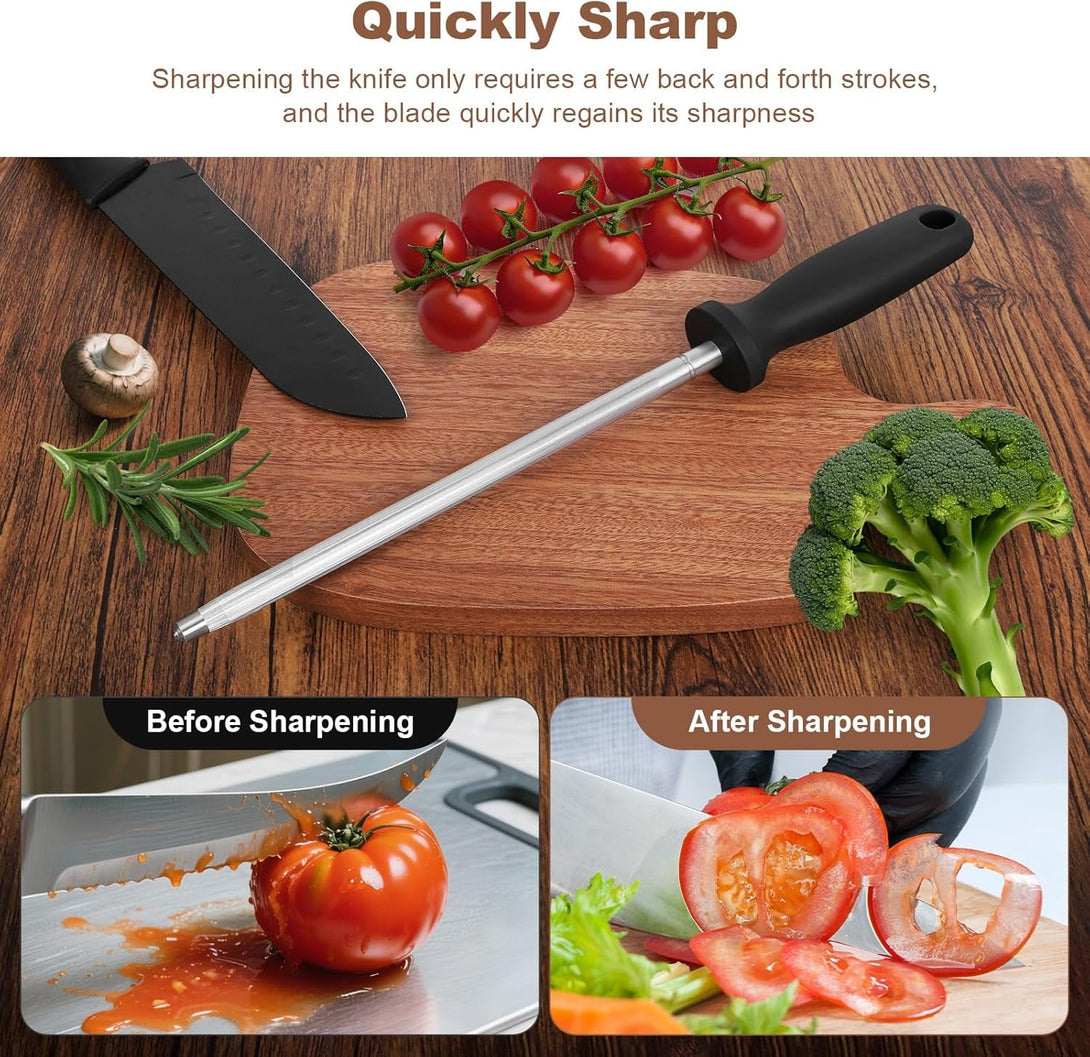 12 Inches Knife Sharpening Steel Rod, High Carbon Steel Honing Rod with 9 Inches Sharpening Steel and Ergonomic PP Handle, Premium Kitchen Knife Sharpener for Chefs and Home Cooks Use