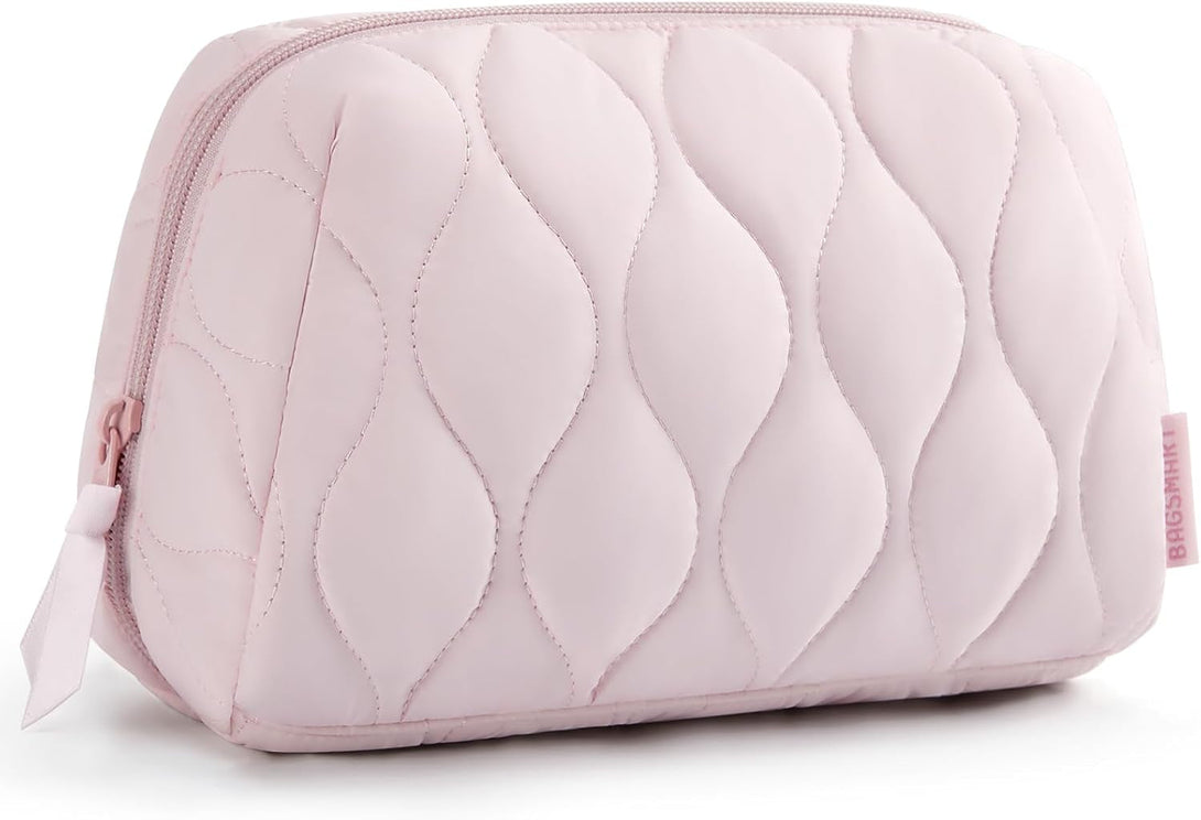 BAGSMART Makeup Bag, Travel Cosmetic Bag, Puffy Padded Make up Bag for Women, Makeup Organizer Case, Wide-Open Pouch Purse, Travel Essentials, Toiletries Accessories Brushes, Pink