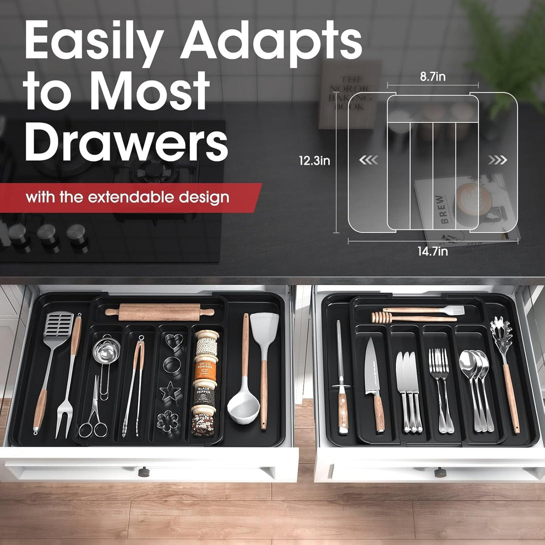 AUJEN Silverware Organizer - Expandable Kitchen Drawer Organizer, Adjustable Utensil Organizer, Cutlery Drawer Organizer for Forks, Knives, Multipurpose Kitchen Organizers and Storage Solution, Black