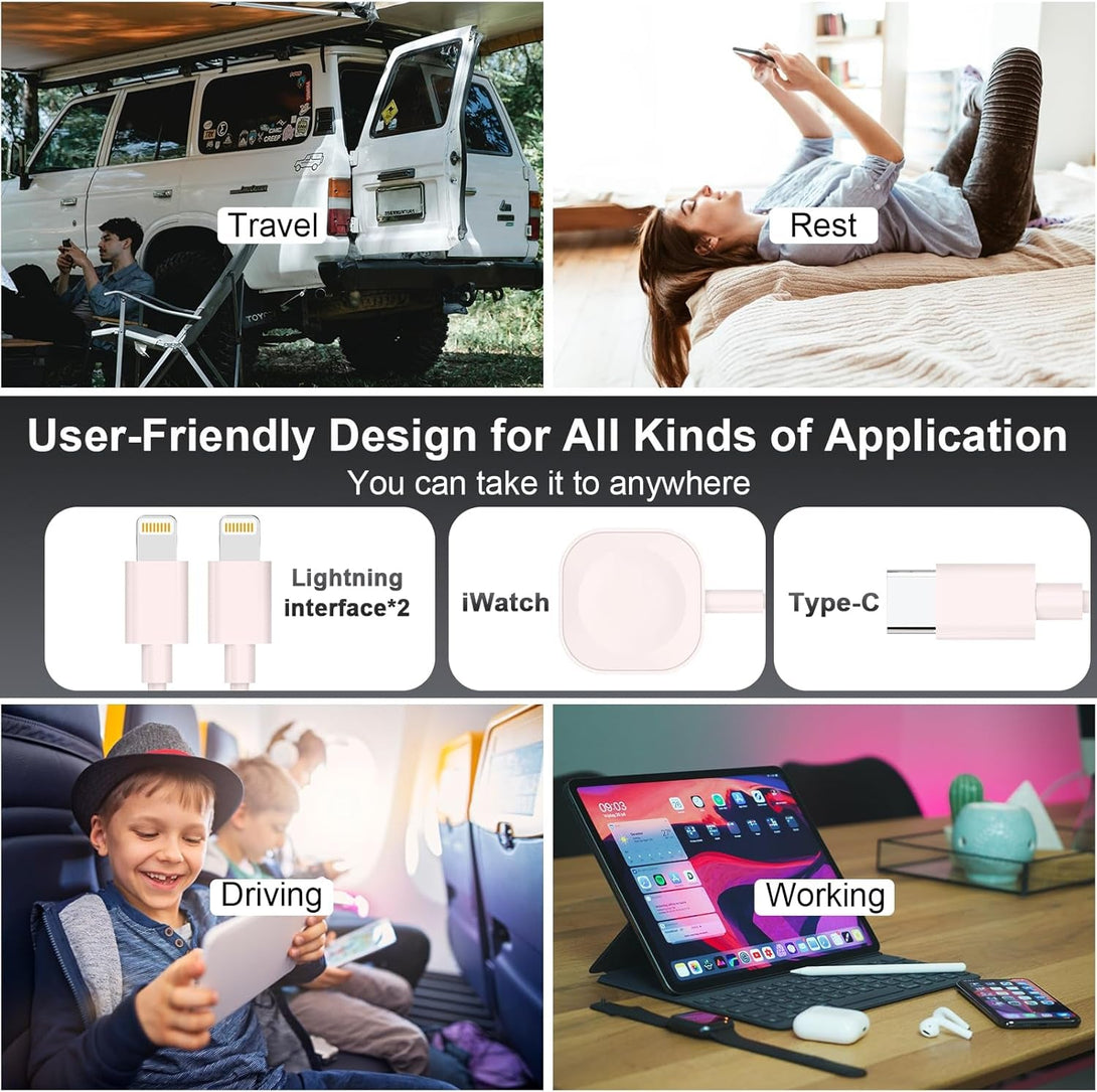 4 in 2 Travel Multi Charging Cable for Apple Watch Charger (6FT/1.8M), Universal Chargers for All Devices Travel Essentials Compatible with Apple Iphone Android Phone and Iwatch Ipad, Airpods(Pink)