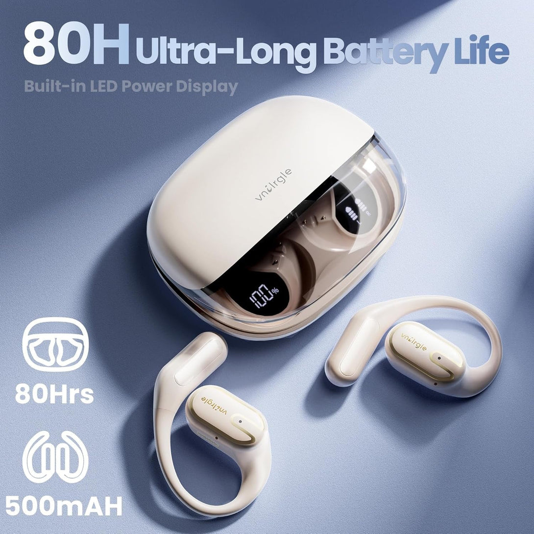 Open Ear Headphones Earbuds Wireless - 5.4 Bluetooth Ear Buds with LED Digital Display IPX7 Waterproof, Wireless Headphones Touch Control Air Conduction Stereo Sound with 18.2Mm Drivers 80H Playtime
