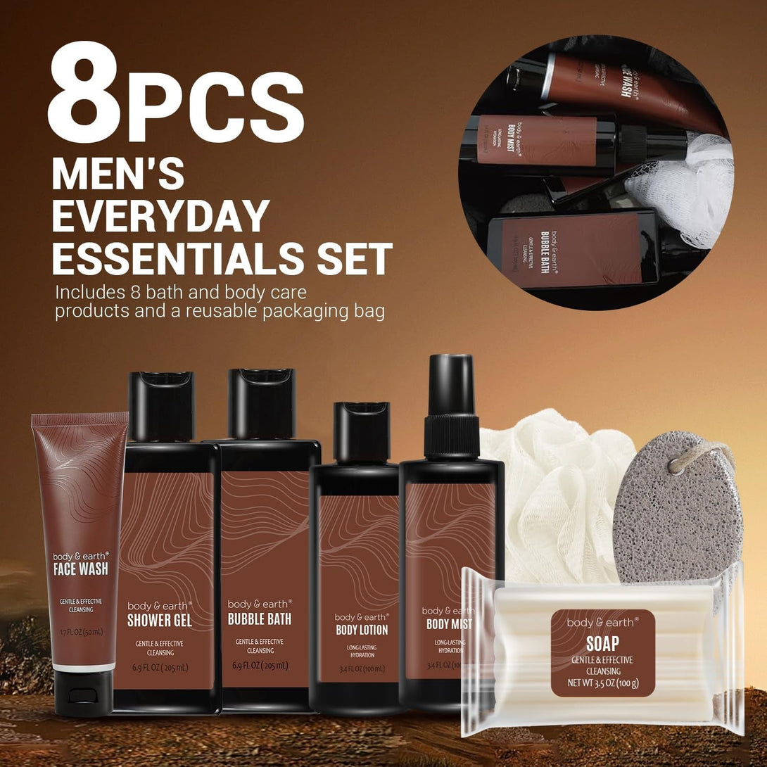 Body & Earth Bath and Body Wash Sets for Men - 8Pcs Spa Baskets Mens Birthday Gifts Sandalwood, Self Care Kit, Husband Men Father'S Day Gifts
