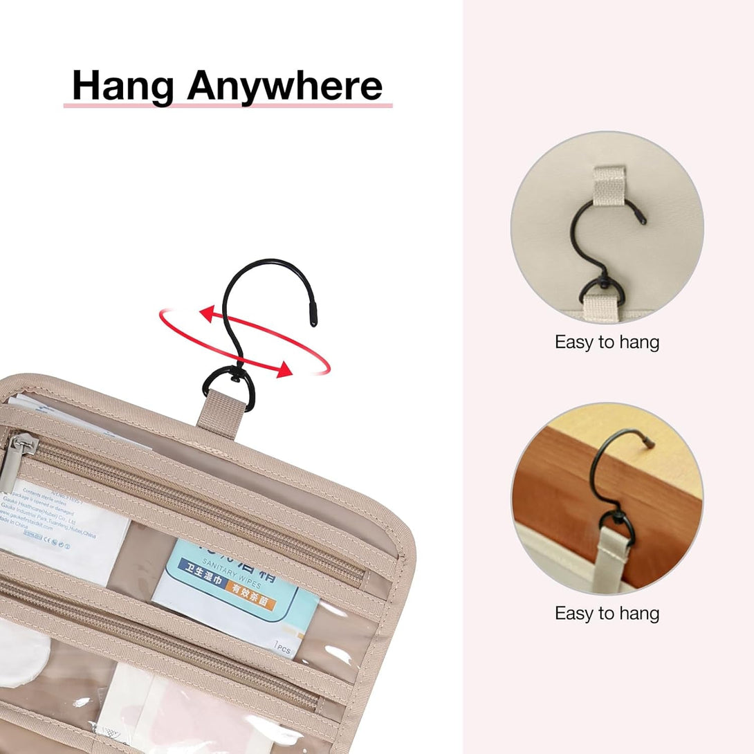 BAGSMART Toiletry Bag Hanging Travel Makeup Organizer with TSA Approved Transparent Cosmetic Bag Makeup Bag for Full Sized Toiletries, Large-Camel