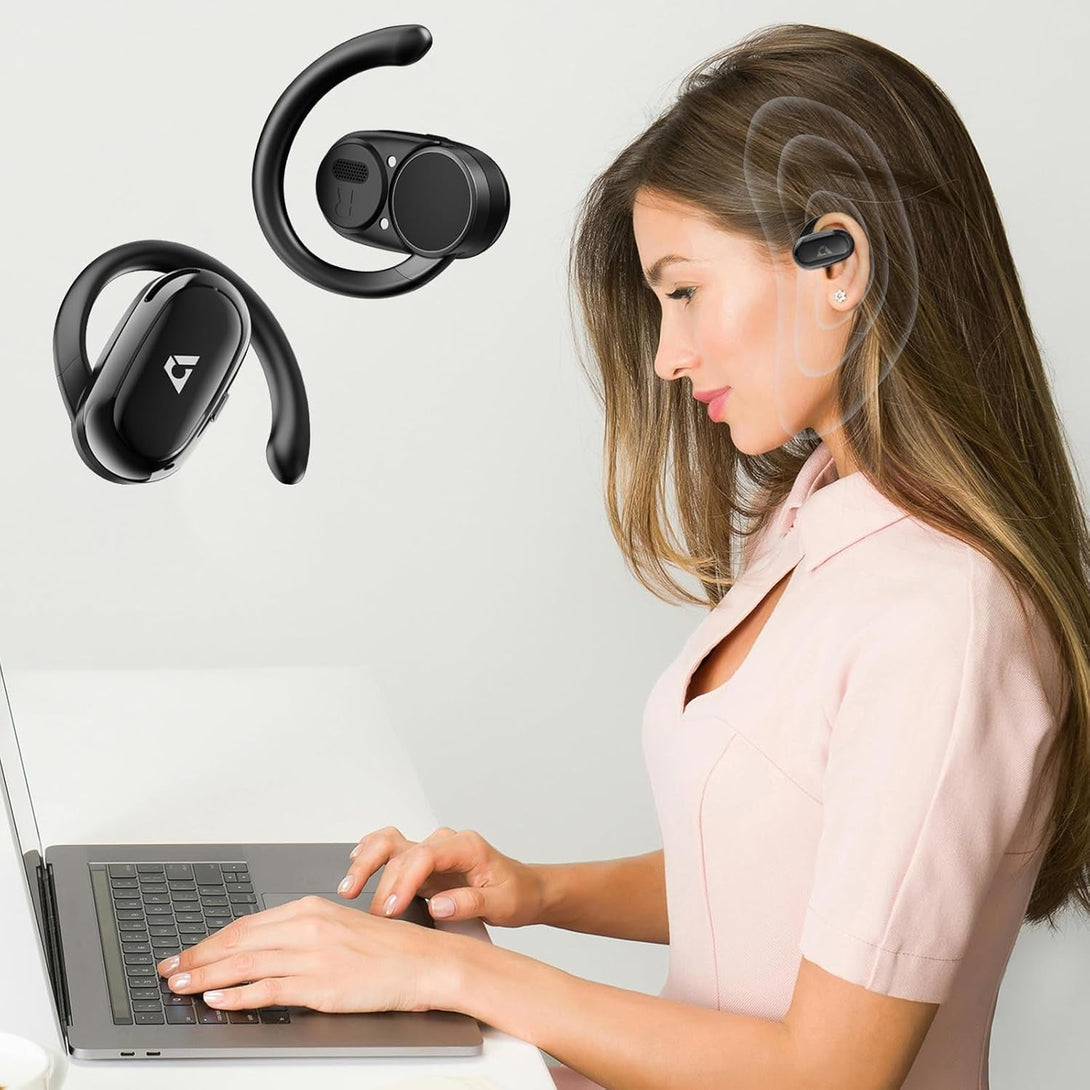 1Mii Open Ear Headphones, Wireless Sports Earbuds 60 Hours Long Playtime with Charging Case, Snug Fit Bluetooth Earbuds with Rotatable Ear Hooks, ENC Clear Calls Premium Sound IPX4 Waterproof （Black）