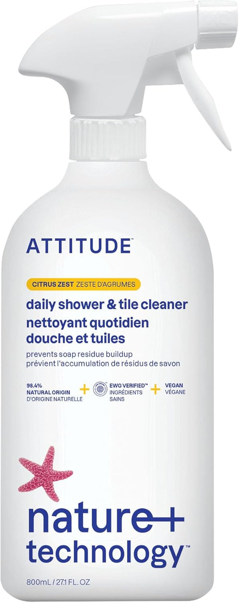 ATTITUDE Daily Shower and Tile Cleaner, EWG Verified, Plant and Mineral-Based, Vegan, Citrus Zest, 27.1 Fl Oz