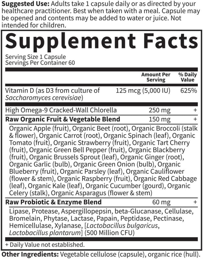 Garden of Life Vitamin D, Vitamin Code Raw D3, Vitamin D 5,000 IU, Raw Whole Food Supplements with Chlorella, Fruit, Veggies & Probiotics for Bone & Immune Health, 60 Vegetarian Capsules