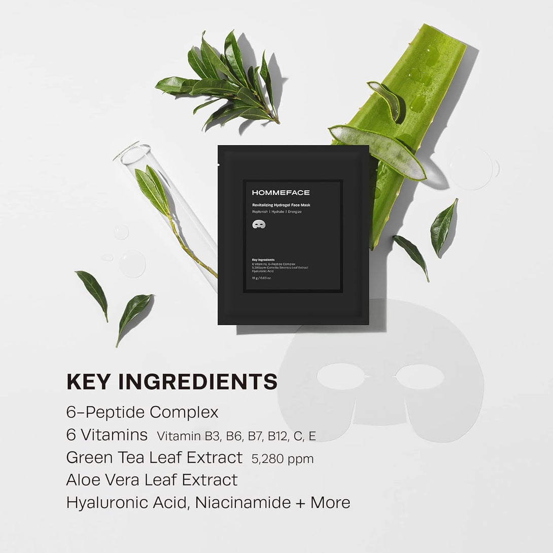 Hommeface Revitalizing Hydrogel Facial Mask Set for Men (5Ct) - Hydrating, Anti-Aging & Soothing Face Sheet Mask with Hyaluronic Acid, Vitamin B, C, E & Peptides, Beard-Friendly