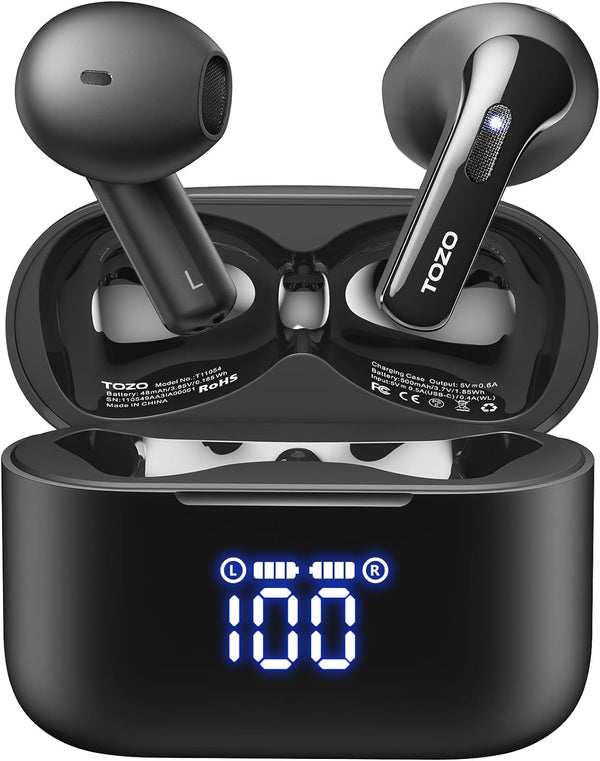 TOZO T21 Wireless Earbuds Bluetooth 5.3 in Ear Headphones Dual Mic Call Noise Cancelling IPX8 Waterproof 44H Playback Stereo Sound with LED Display Wireless Charging Case 32 Eqs via APP Black