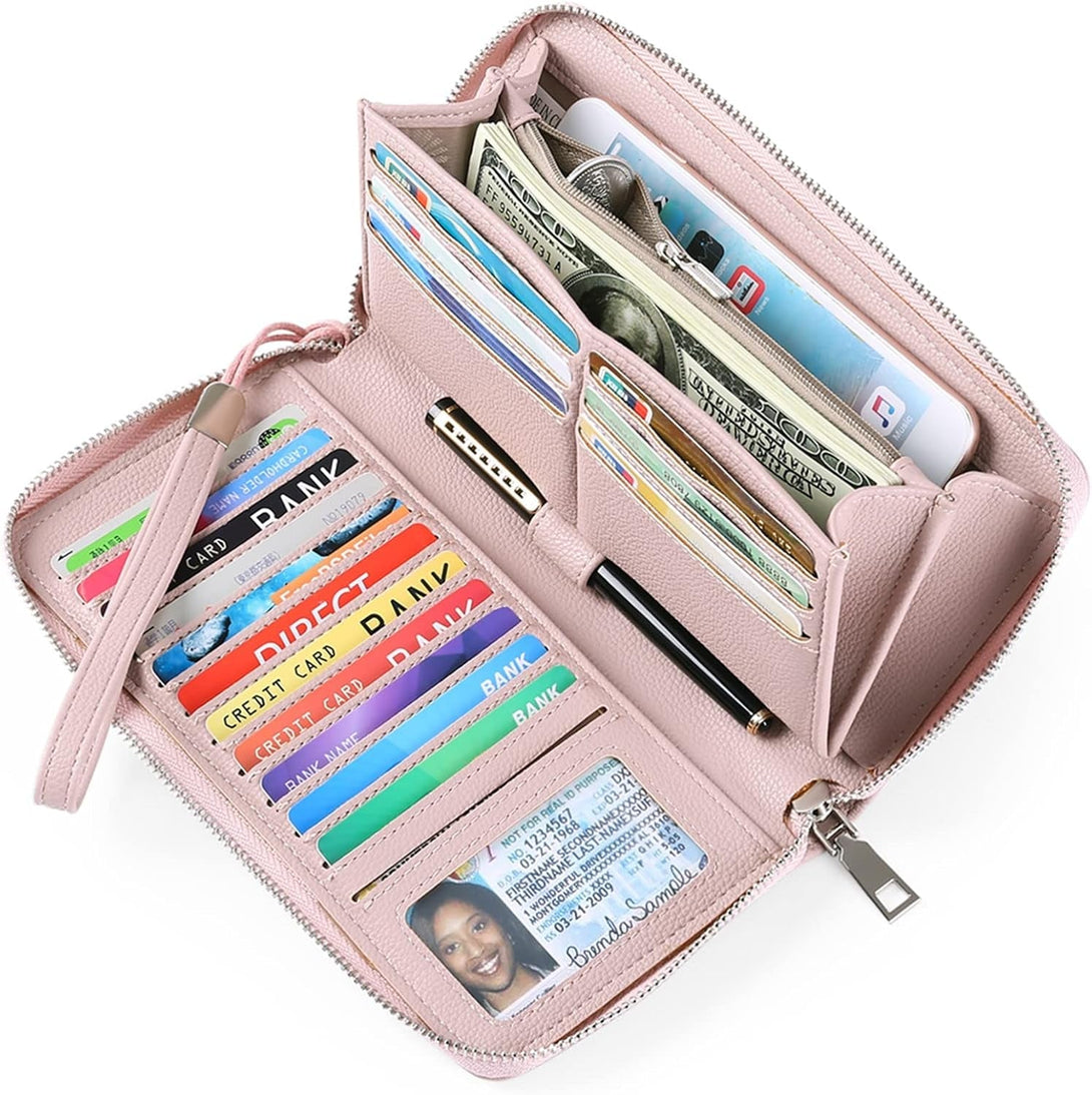 GOIACII Womens Wallet RFID Blocking Leather Zip around Wallet Large Capacity Long Purse Credit Card Clutch Wristlet