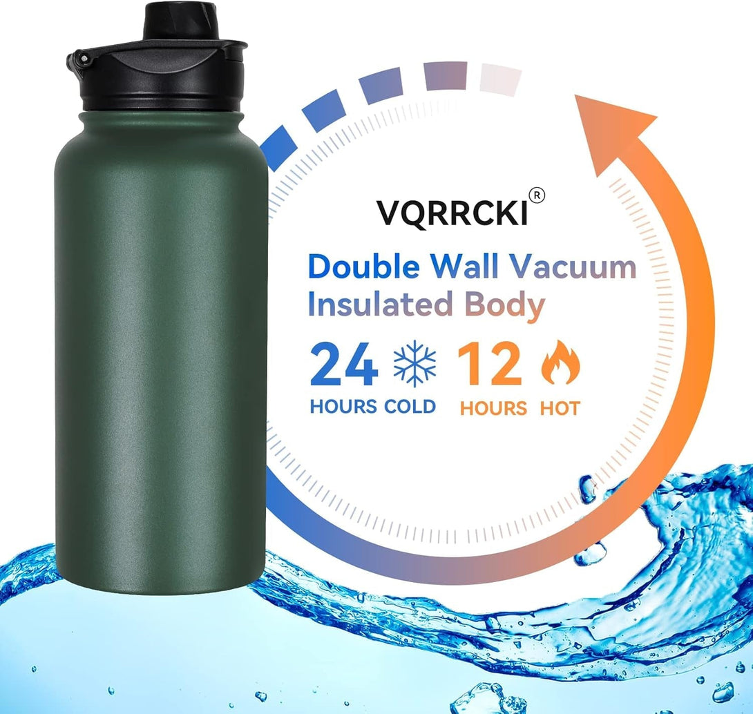 32 Oz Insulated Water Bottle Bulk 4 Pack, Stainless Steel Sports Water Bottles with Straw Lid & Wide Mouth Lids, Double Walled Vacuum, Leak Proof, Dark Green