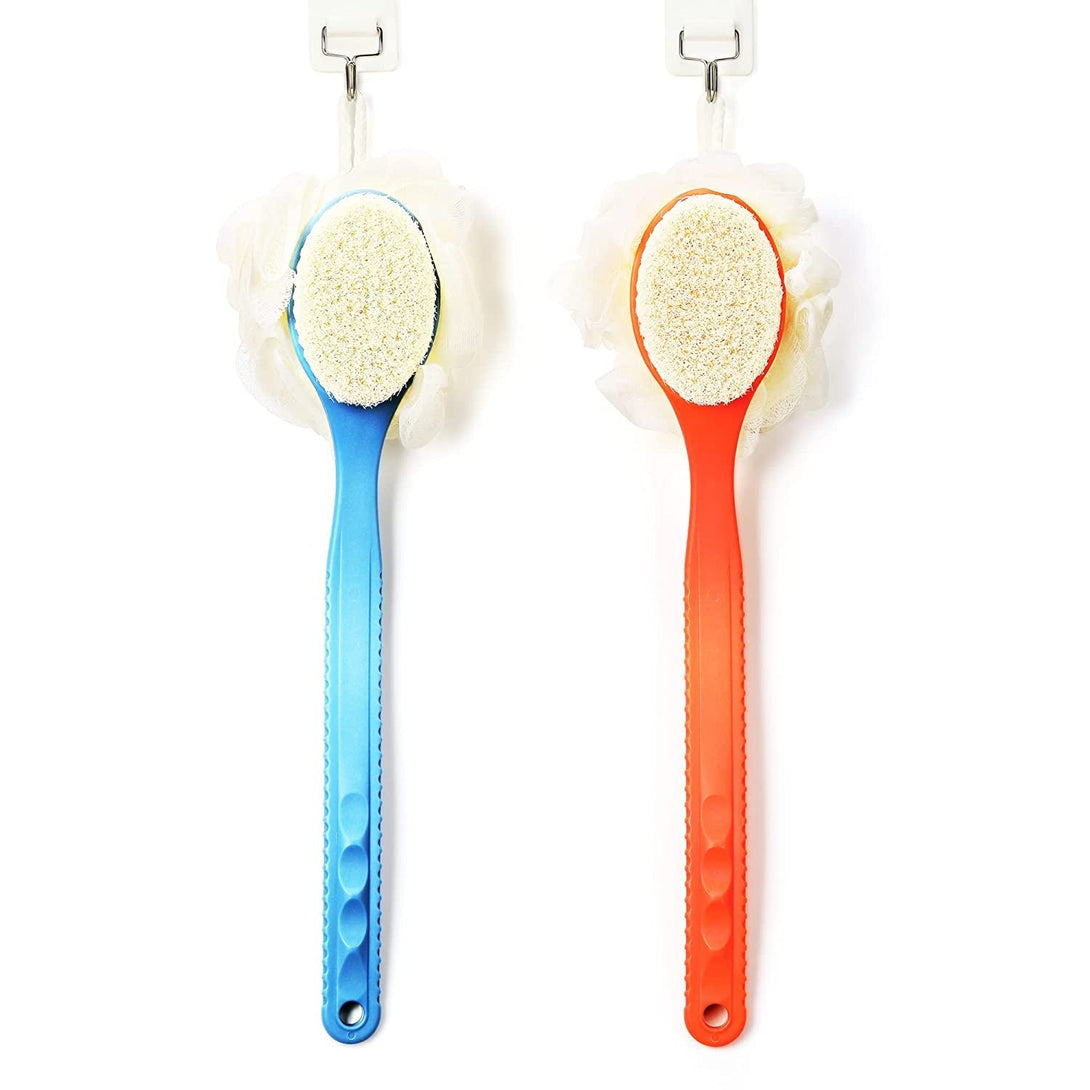 Shower Body Brush with Bristles and Loofah,Back Scrubber Bath Mesh Sponge with Curved Long Handle for Skin Exfoliating Bath, Massage Bristles Suitable for Wet or Dry, Men and Women (Blue)