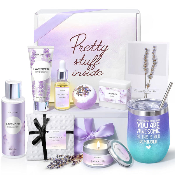Gifts for Women Spa Lavender Bath Gifts Baskets for Women Mothers Day Gifts Birthday Gifts Relaxing Self Care Gift for Mom Her Auntie Sister Teacher Wine Tumbler Purple
