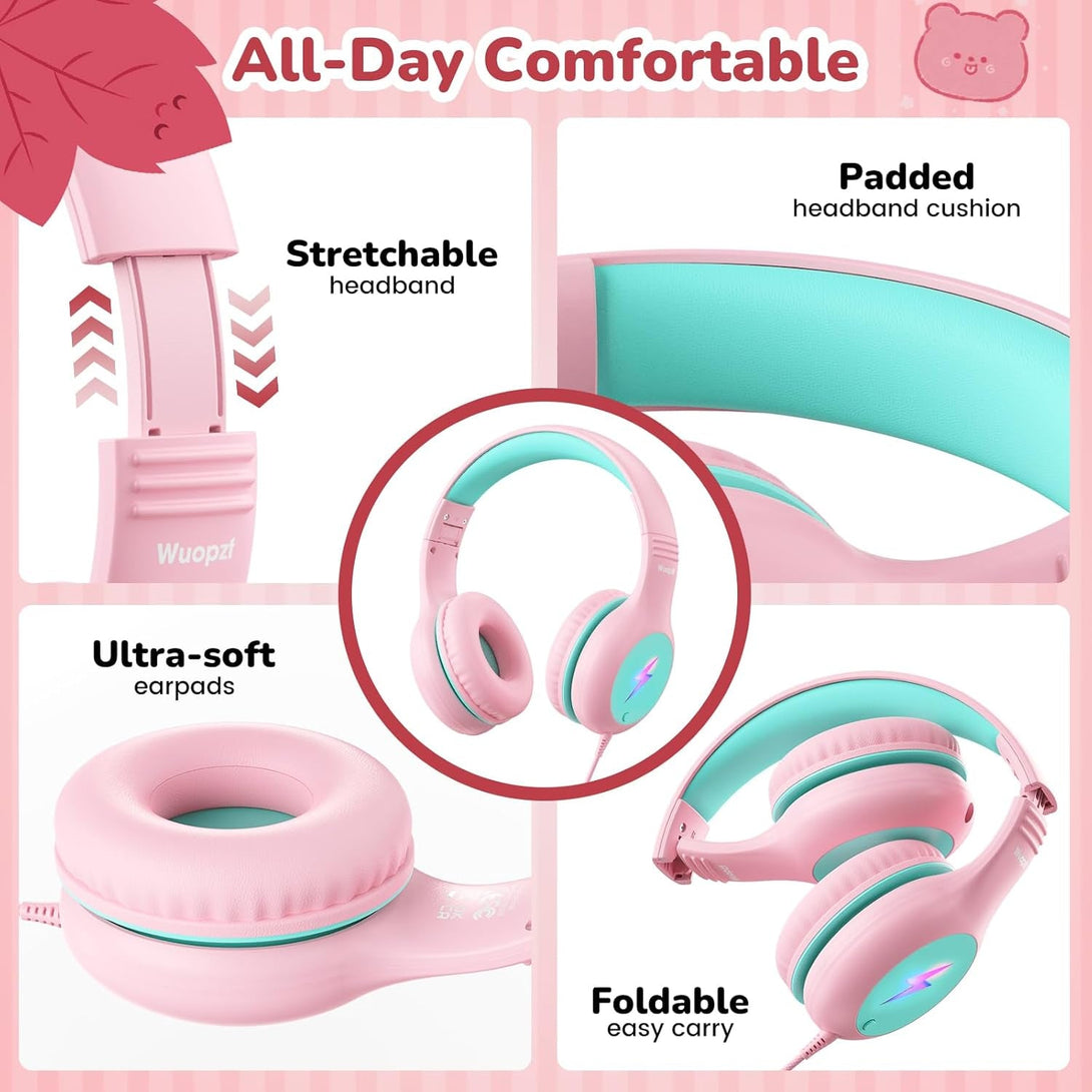 Kids USB C Headphones for School, 2025 Upgrade Safe Listening Wired Over-Ear Headphones with LED Lights, Volume Limiter & Microphone, Foldable Design for Iphone 16, Ipad, Tablet Learning