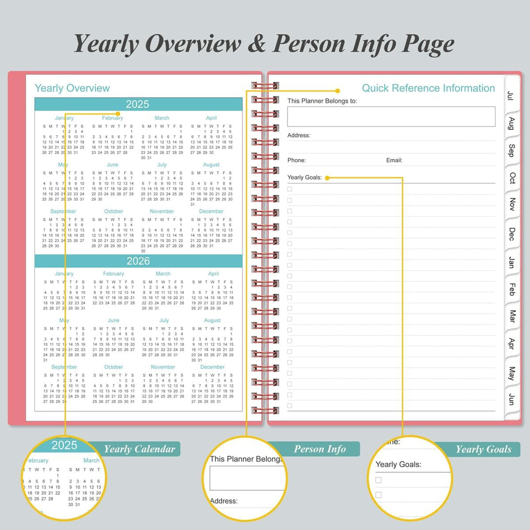 2025-2026 Monthly Planner - July 2025 - December 2026, Two Pages per Month, 18 Monthly Calendar/Planner with Tabs, Strong Twin-Wire Binding, Inner Pocket, 6.4" X 8.5", Pink