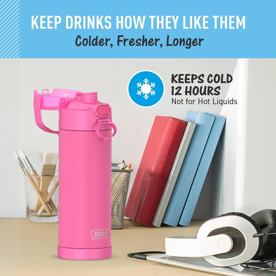 THERMOS FUNTAINER 16 Ounce Stainless Steel Vacuum Insulated Bottle with Wide Spout Lid, Neon Pink