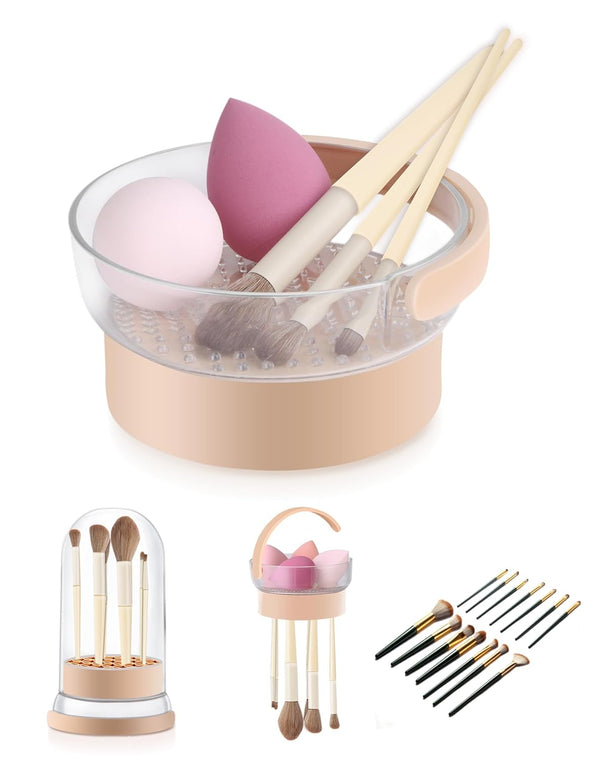3 in 1 Makeup Brush Cleaner Mat, Silicone Makeup Brush Cleaner Bowl and Dryer, Waterproof Makeup Brush and Sponge Cleaner with Lid (Khaki)
