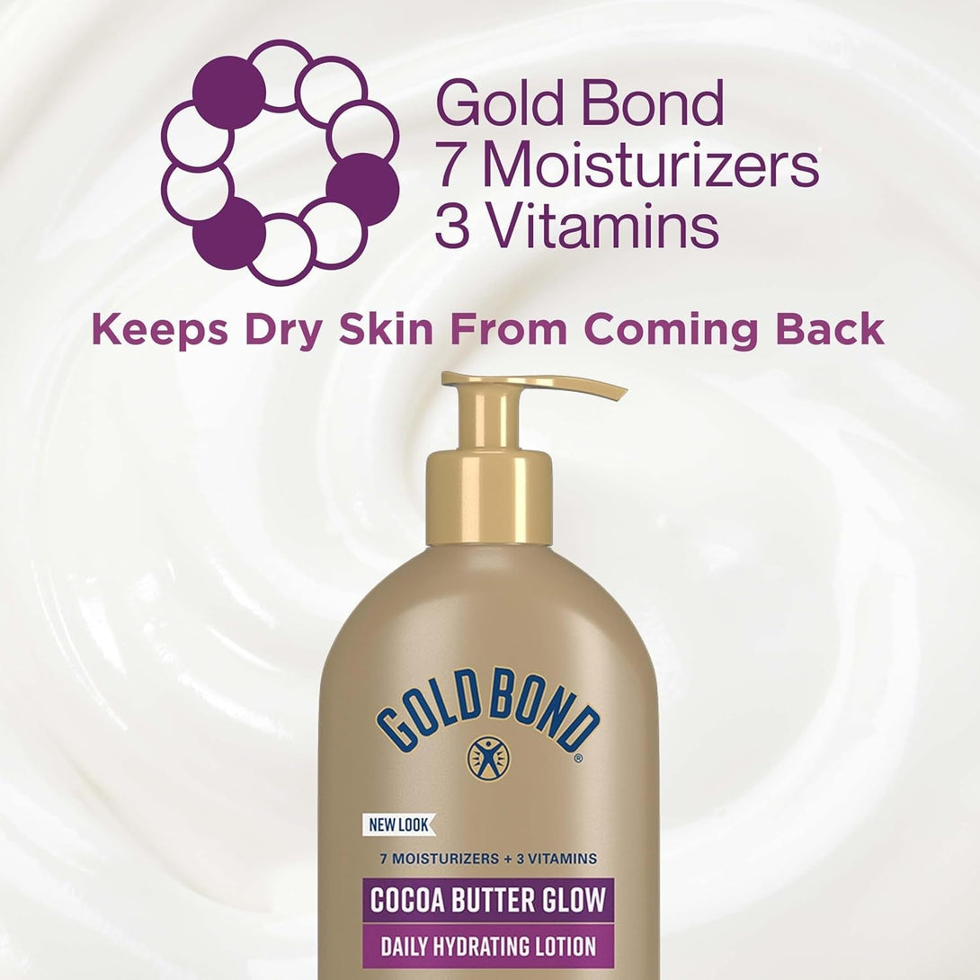 Gold Bond Cocoa Butter Glow Daily Hydrating Lotion with Shea Butter, Cocoa Butter & Coconut Oil, Exfoliating Moisturizer for Dry Skin, 14 Oz.