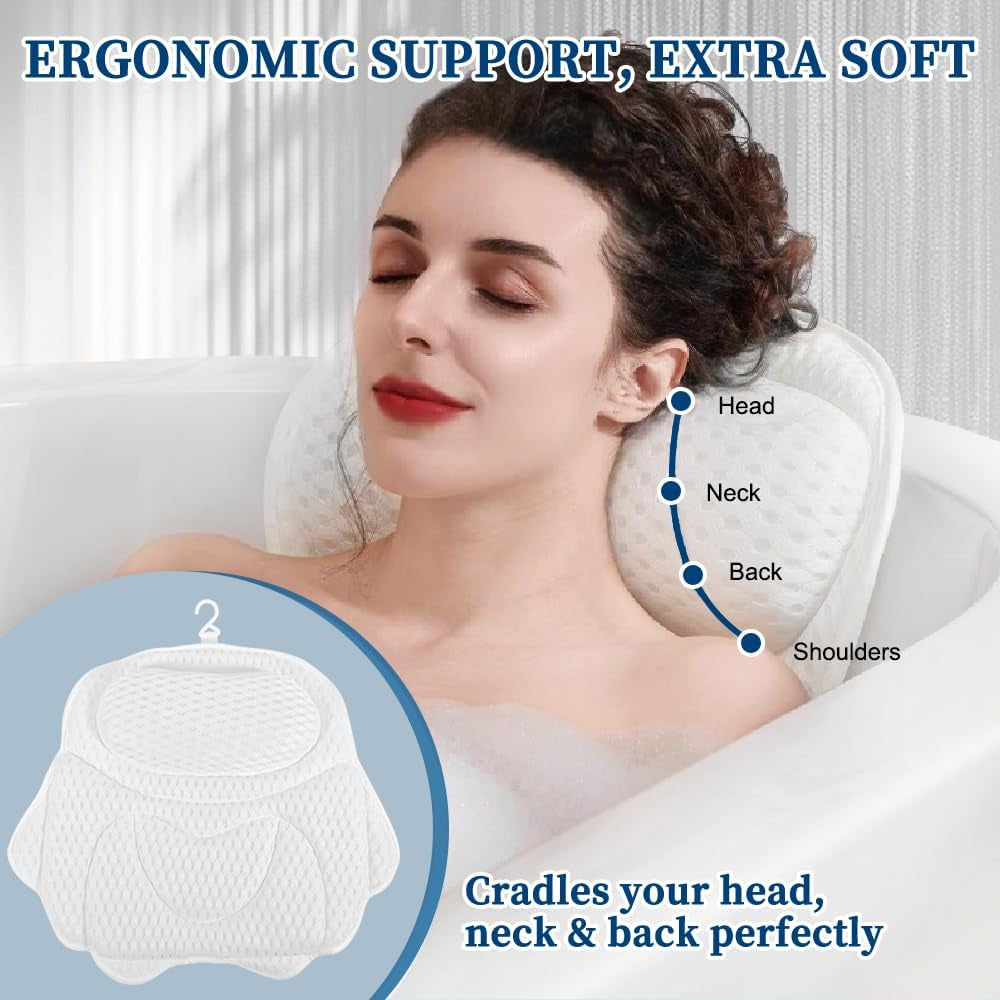 Bath Pillow Bathtub Pillow, Luxury Bath Pillows for Tub Neck and Back Support, Tub Pillow for Bathtub Headrest with Laundry Bag, Bath Accessories for Women Relaxing Spa Gifts, White Bath Tub Pillow
