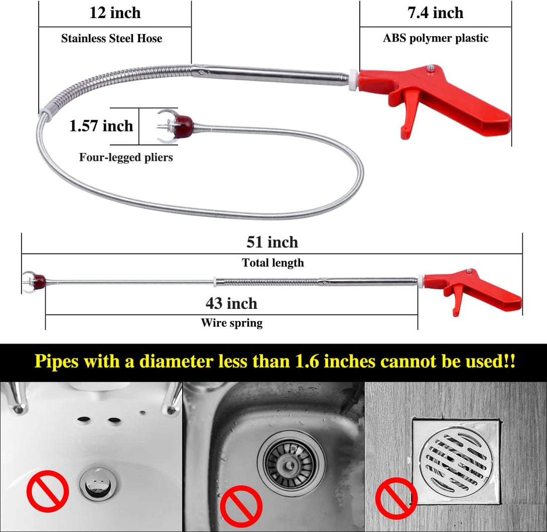51 Inch Toilet Snake Drain Auger Cleaner Tool, Upgraded Grabber Unclogger Tool, Toilet Auger Grabber, Stainless Steel Telescoping Rod for Pick/Grab Objects Clogged in Toilet Pipes/Drain